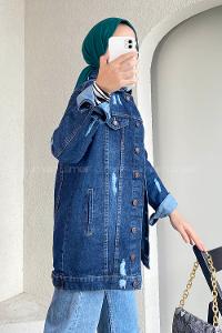 Dark Blue Shirt Collar Long Arm Cotton Fabric Denim Jacket
