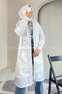 Modalamelif Önü Boydan Fermuar Detaylı Kapüşonlu Tunik Beyaz