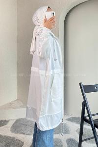 Modalamelif Önü Boydan Fermuar Detaylı Kapüşonlu Tunik Beyaz