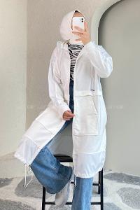 Modalamelif Önü Boydan Fermuar Detaylı Kapüşonlu Tunik Beyaz