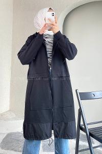 Modalamelif Önü Boydan Fermuar Detaylı Kapüşonlu Tunik Siyah