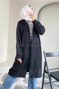 Modalamelif Önü Boydan Fermuar Detaylı Kapüşonlu Tunik Siyah