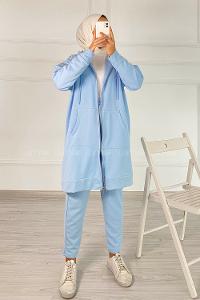 Modalamelif Önü Fermuarlı Kapşonlu İkili Takım Açık Mavi