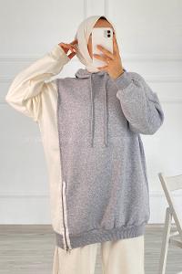 Modalamelif Renk Garnili Sweatshirt Gri Beyaz