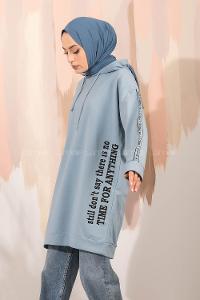 Modalamelif Still Don t  Yazı Baskılı Kapüşon Detaylı Sweat Mavi