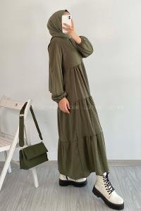 Modalamelif  Bisiklet Yaka Detaylı Eteği Fırfırlı Elbise Haki