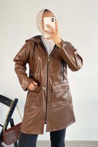 Modalamelif Çift Kapak Cepli Kapüşon Detaylı Fermuarlı Deri Ceket Acıkahve