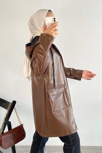 Modalamelif Çift Kapak Cepli Kapüşon Detaylı Fermuarlı Deri Ceket Acıkahve