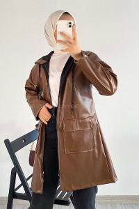Modalamelif Çift Kapak Cepli Kapüşon Detaylı Fermuarlı Deri Ceket Acıkahve