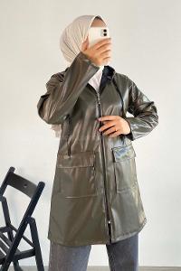 Modalamelif Çift Kapak Cepli Kapüşon Detaylı Fermuarlı Deri Ceket Haki