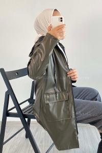 Modalamelif Çift Kapak Cepli Kapüşon Detaylı Fermuarlı Deri Ceket Haki