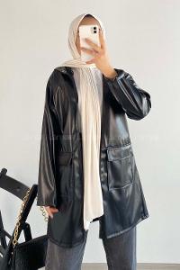 Modalamelif Çift Kapak Cepli Kapüşon Detaylı Fermuarlı Deri Ceket Siyah