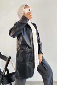 Modalamelif Çift Kapak Cepli Kapüşon Detaylı Fermuarlı Deri Ceket Siyah