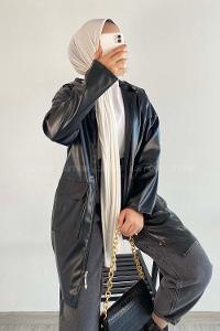 Modalamelif Çift Kapak Cepli Kapüşon Detaylı Fermuarlı Deri Ceket Siyah