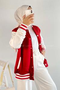 Modalamelif LA Nakışlı Sırt Nakış İşlemeli Kolej Ceket Kırmızı-Ekru