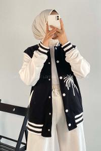 Modalamelif LA Nakışlı Sırt Nakış İşlemeli Kolej Ceket Siyah-Ekru