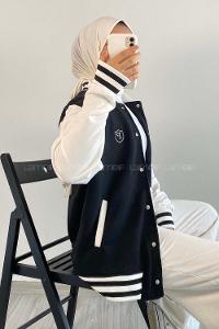 Modalamelif LA Nakışlı Sırt Nakış İşlemeli Kolej Ceket Siyah-Ekru