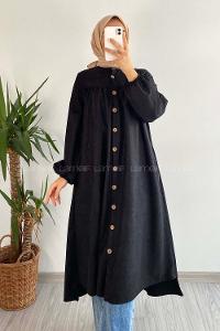 Modalamelif Önü Boydan Düğme Detaylı Gizli Cepli Tunik Siyah