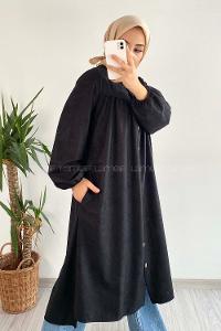 Modalamelif Önü Boydan Düğme Detaylı Gizli Cepli Tunik Siyah