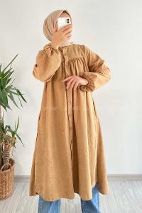 Modalamelif Önü Boydan Düğme Detaylı Gizli Cepli Tunik Sütlükahve