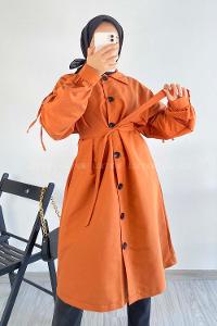 Modalamelif Önü Boydan Düğme Detaylı Gizli Cepli Kuşak Bağlamalı Trenç Kiremit