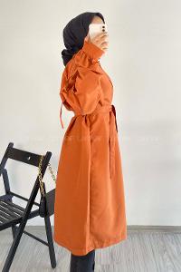 Modalamelif Önü Boydan Düğme Detaylı Gizli Cepli Kuşak Bağlamalı Trenç Kiremit