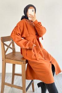 Modalamelif Önü Boydan Düğme Detaylı Gizli Cepli Kuşak Bağlamalı Trenç Kiremit