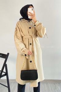 Modalamelif Önü Boydan Düğme Detaylı Gizli Cepli Kuşak Bağlamalı Trenç Taş