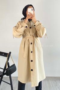 Modalamelif Önü Boydan Düğme Detaylı Gizli Cepli Kuşak Bağlamalı Trenç Taş