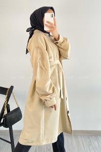 Modalamelif Önü Boydan Düğme Detaylı Gizli Cepli Kuşak Bağlamalı Trenç Taş