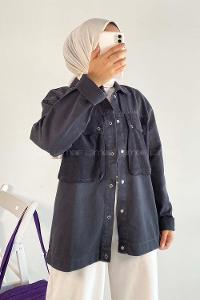 Modalamelif Önü Düğmeli Çift Kapak Cepli Salaş Kot Ceket Siyah