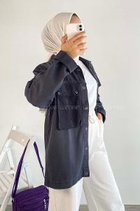 Modalamelif Önü Düğmeli Çift Kapak Cepli Salaş Kot Ceket Siyah