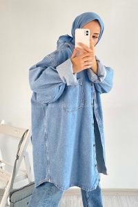 Modalamelif Önü Düğmeli Tek Cepli Salaş Kot Ceket Kot Mavisi