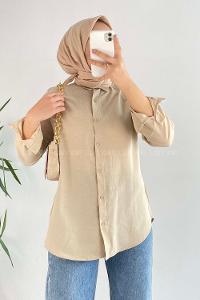 Modalamelif Önü Kısa Arkası Uzun Boydan Düğmeli Gömlek Bej
