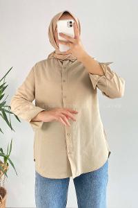 Modalamelif Önü Kısa Arkası Uzun Boydan Düğmeli Gömlek Bej
