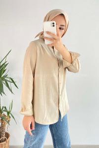 Modalamelif Önü Kısa Arkası Uzun Boydan Düğmeli Gömlek Bej