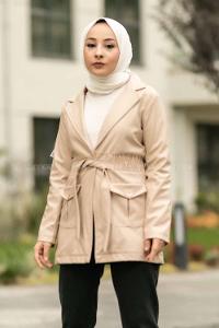 Modalamelif Beli Büzgülü Çift Kapak Cepli Deri Mont Bej