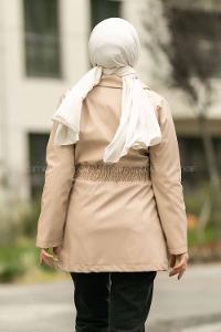 Modalamelif Beli Büzgülü Çift Kapak Cepli Deri Mont Bej