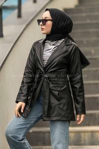 Modalamelif Beli Büzgülü Çift Kapak Cepli Deri Mont Siyah