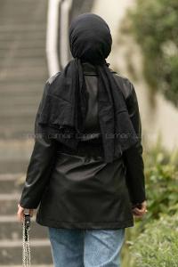 Modalamelif Beli Büzgülü Çift Kapak Cepli Deri Mont Siyah