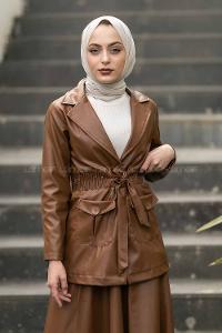 Modalamelif Beli Büzgülü Çift Kapak Cepli Deri Mont Taba