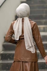 Modalamelif Beli Büzgülü Çift Kapak Cepli Deri Mont Taba