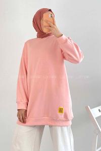 Modalamelif Bisiklet Yaka Salaş Arma Nakışlı Sweatshirt Pudra