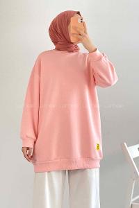 Modalamelif Bisiklet Yaka Salaş Arma Nakışlı Sweatshirt Pudra