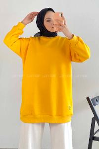 Modalamelif Bisiklet Yaka Salaş Arma Nakışlı Sweatshirt Sarı