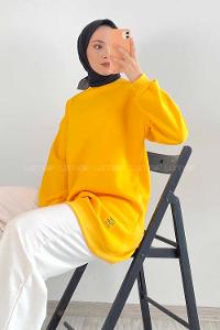 Modalamelif Bisiklet Yaka Salaş Arma Nakışlı Sweatshirt Sarı