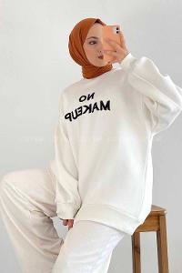 Modalamelif Bisiklet Yaka Yazı Nakışlı Oversize Sweat Beyaz