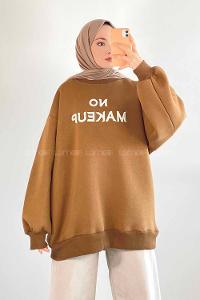 Modalamelif Bisiklet Yaka Yazı Nakışlı Oversize Sweat Kahverengi