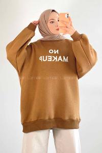 Modalamelif Bisiklet Yaka Yazı Nakışlı Oversize Sweat Kahverengi