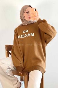 Modalamelif Bisiklet Yaka Yazı Nakışlı Oversize Sweat Kahverengi